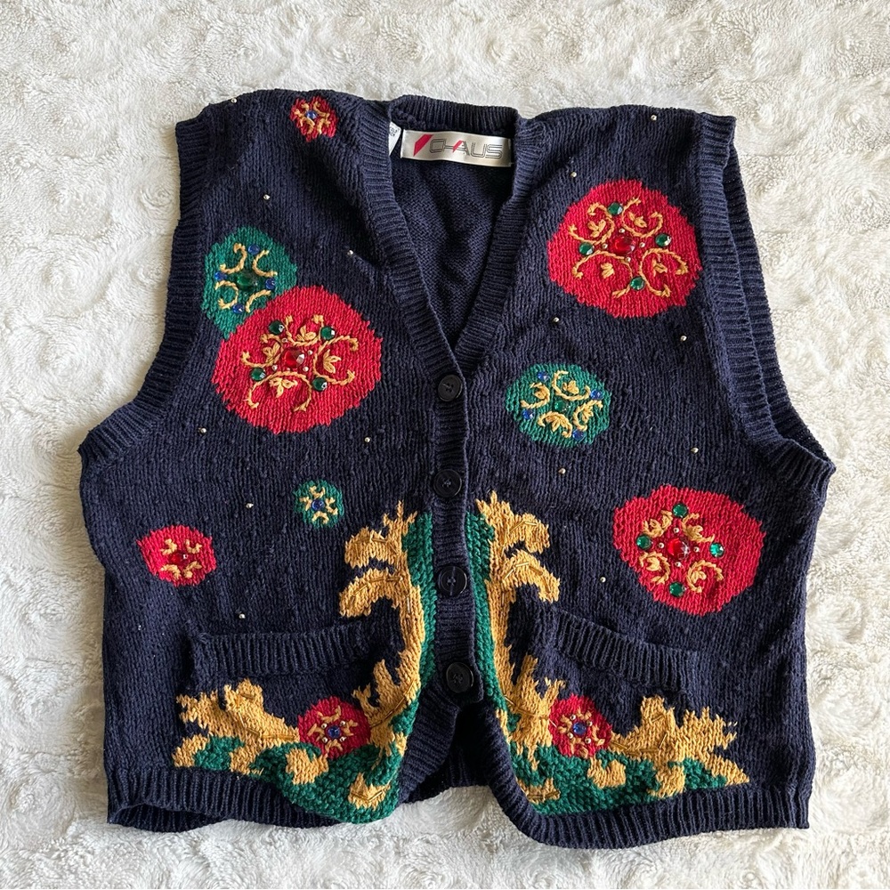 Vintage Christmas Holiday Sweater Vest Womens Large Navy Ornament Beaded Xmas